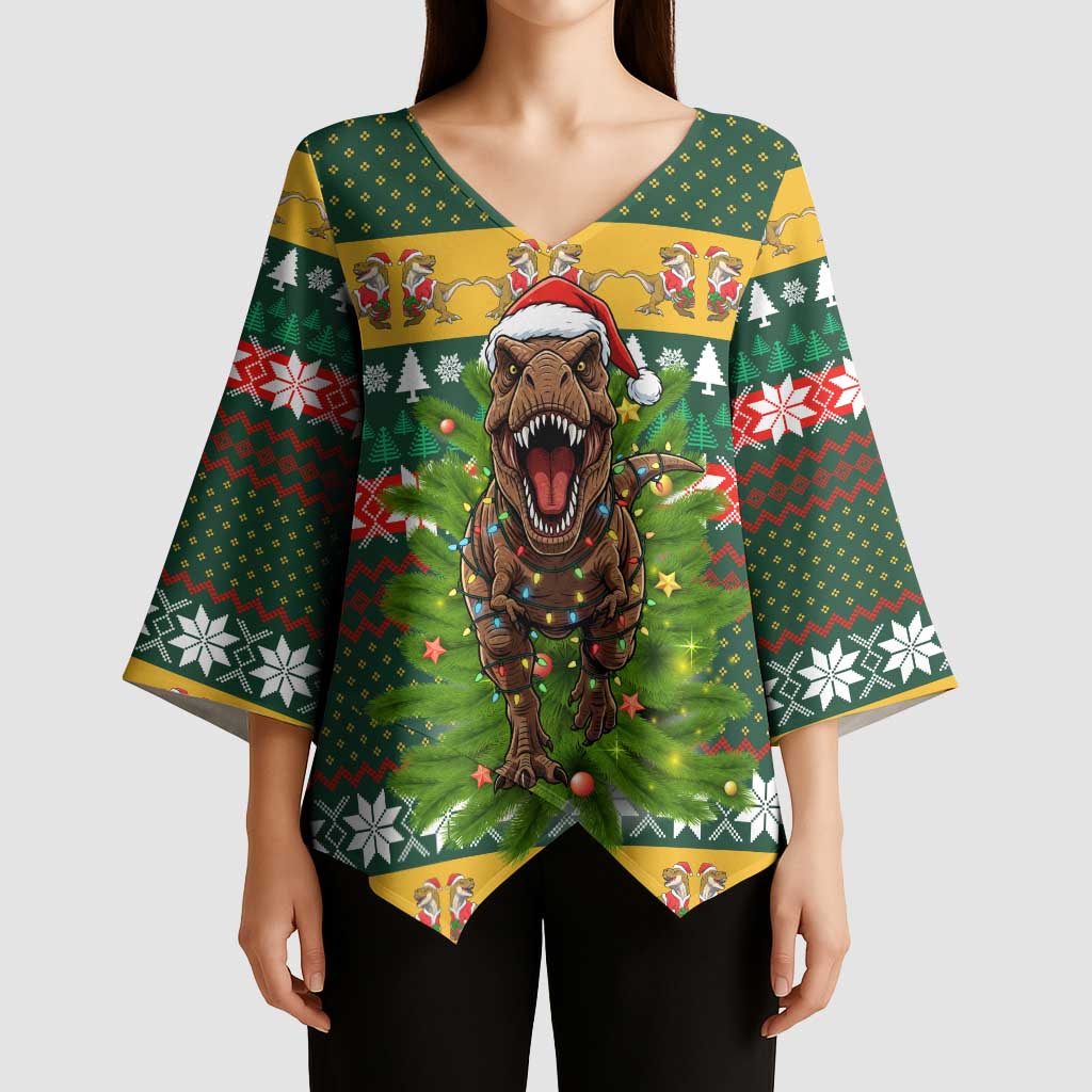 Christmas T Rex In Noel Tree Kimono Sleeve Blouse Xmas Holiday Patterns - Wonder Print Shop