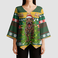 Christmas T Rex In Noel Tree Kimono Sleeve Blouse Xmas Holiday Patterns - Wonder Print Shop