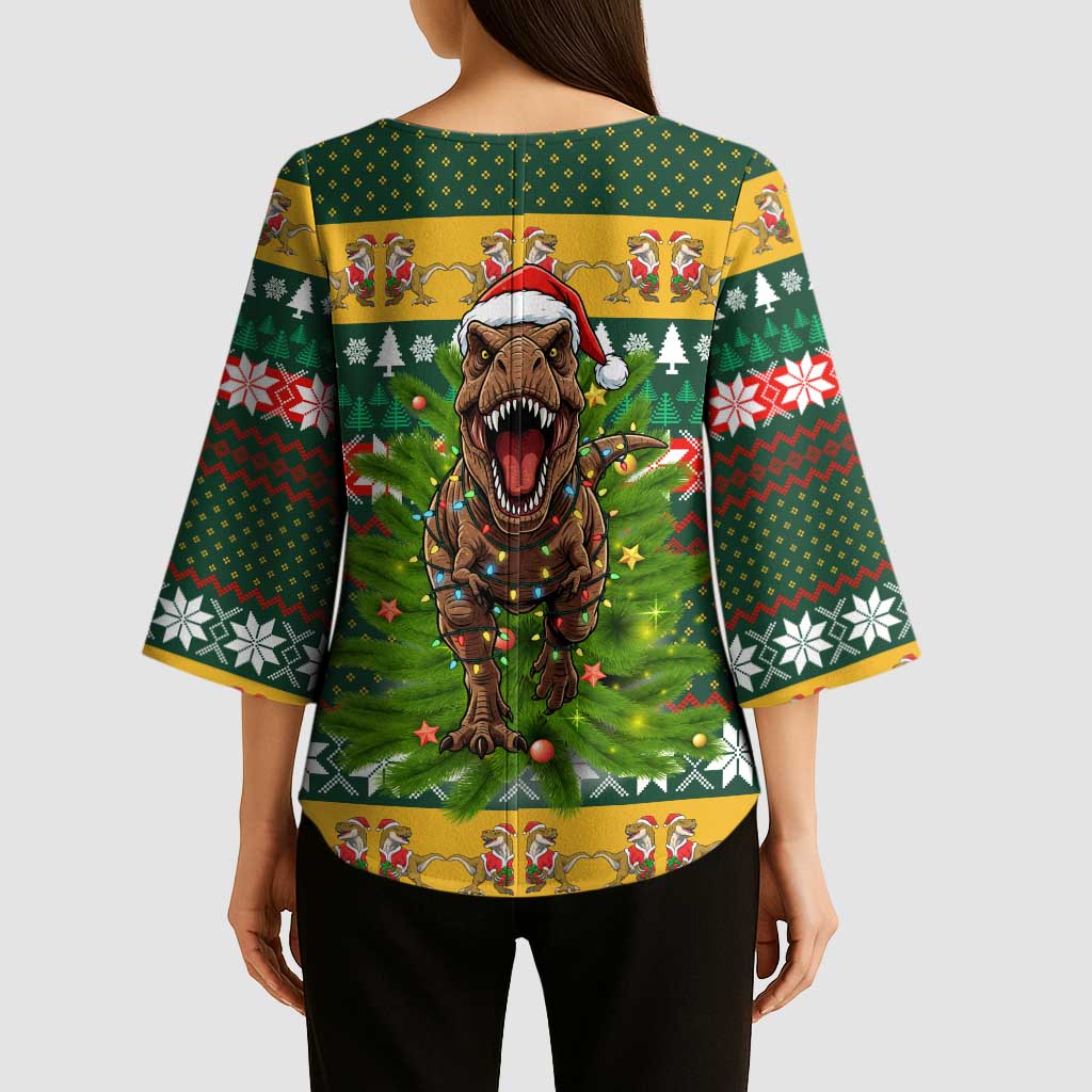 Christmas T Rex In Noel Tree Kimono Sleeve Blouse Xmas Holiday Patterns - Wonder Print Shop