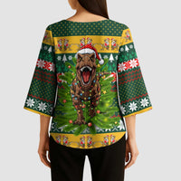 Christmas T Rex In Noel Tree Kimono Sleeve Blouse Xmas Holiday Patterns - Wonder Print Shop