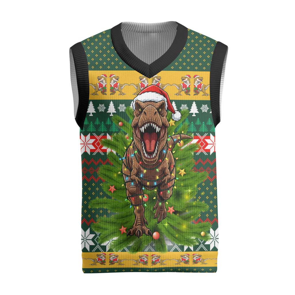 Christmas T Rex In Noel Tree Christmas Knitted V-Neck Vest Xmas Holiday Patterns - Wonder Print Shop
