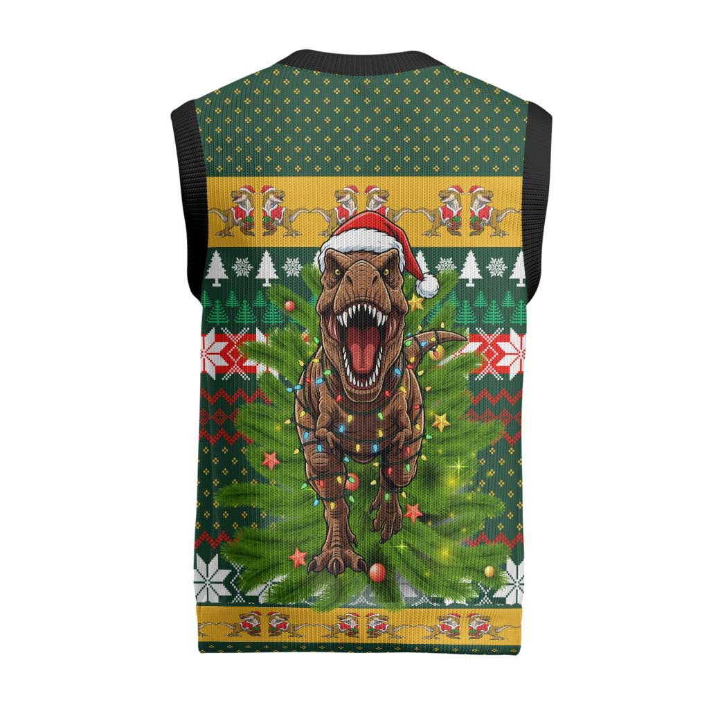 Christmas T Rex In Noel Tree Christmas Knitted V-Neck Vest Xmas Holiday Patterns - Wonder Print Shop