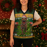 Christmas T Rex In Noel Tree Christmas Knitted V-Neck Vest Xmas Holiday Patterns - Wonder Print Shop