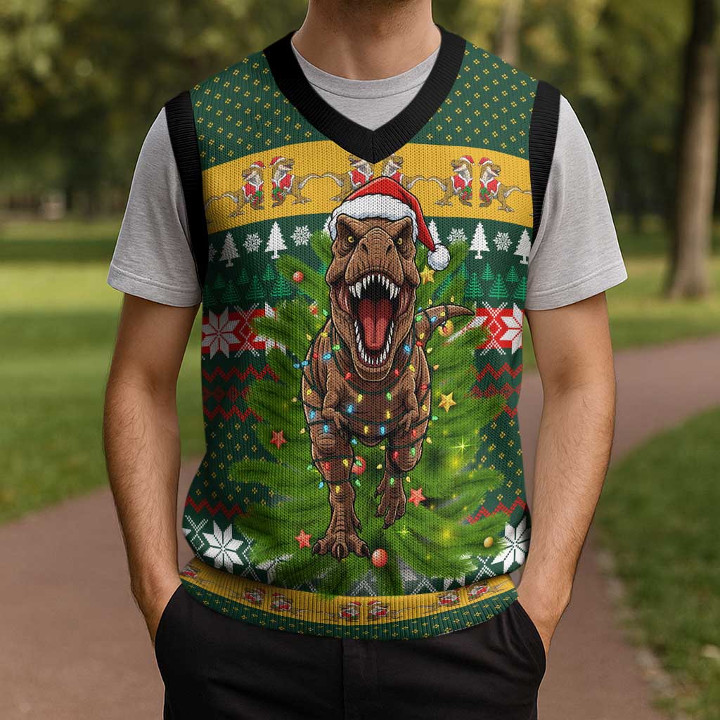 Christmas T Rex In Noel Tree Christmas Knitted V-Neck Vest Xmas Holiday Patterns - Wonder Print Shop