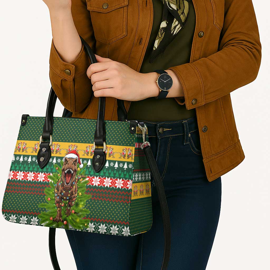 Christmas T Rex In Noel Tree Leather Bag Xmas Holiday Patterns - Wonder Print Shop