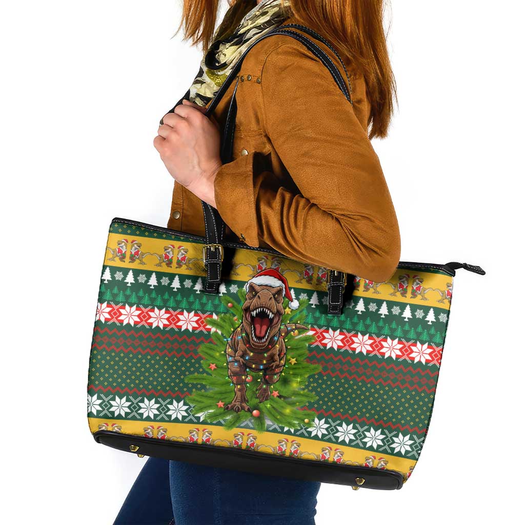 Christmas T Rex In Noel Tree Leather Tote Bag Xmas Holiday Patterns - Wonder Print Shop