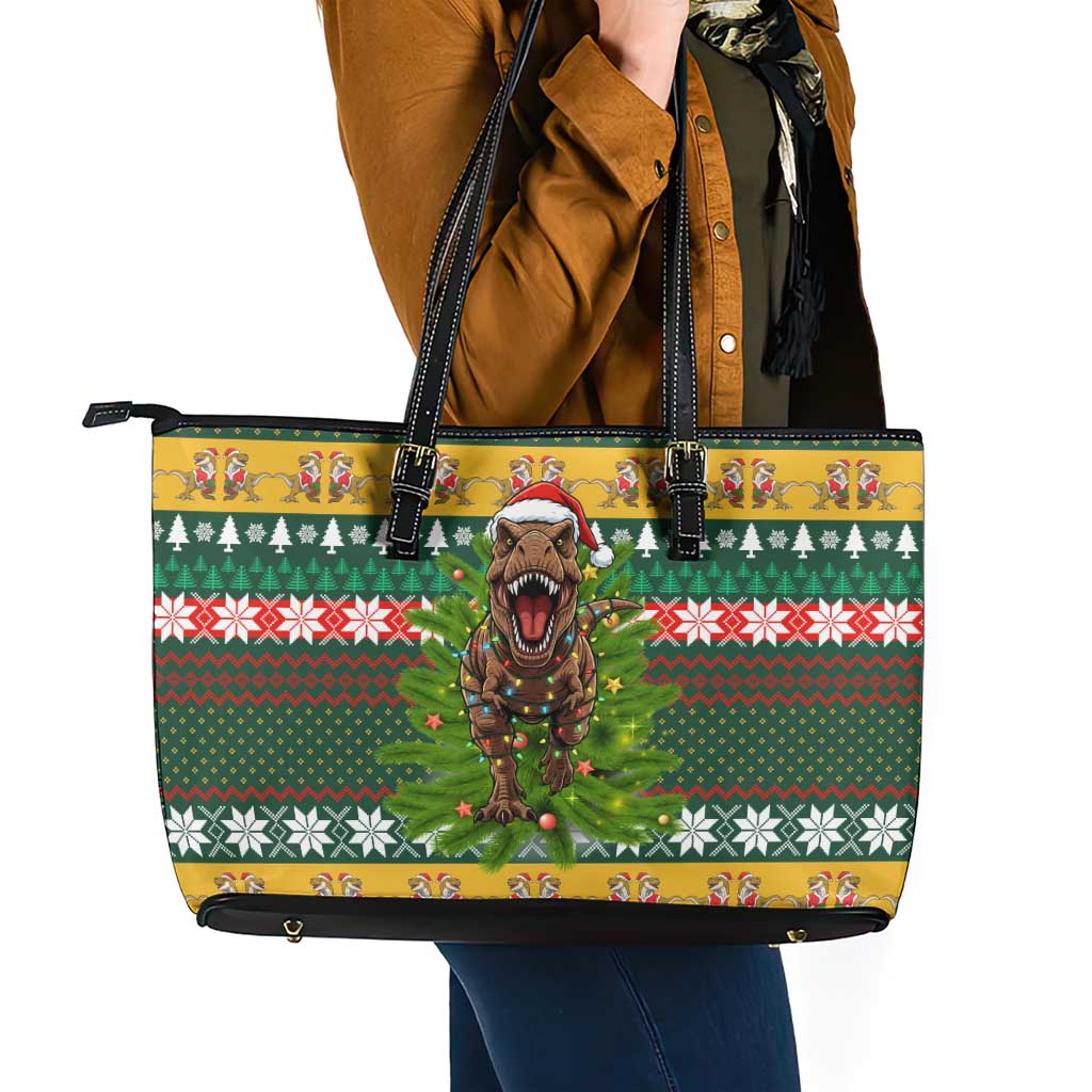 Christmas T Rex In Noel Tree Leather Tote Bag Xmas Holiday Patterns - Wonder Print Shop