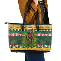 Christmas T Rex In Noel Tree Leather Tote Bag Xmas Holiday Patterns - Wonder Print Shop