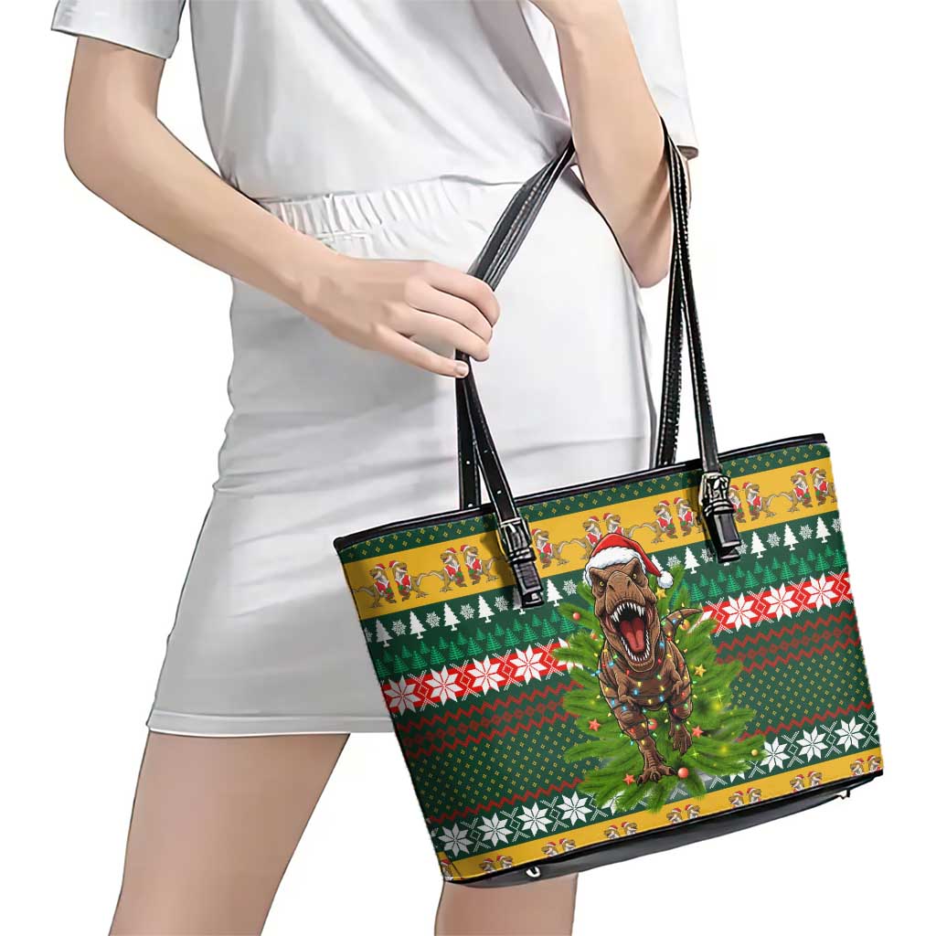 Christmas T Rex In Noel Tree Leather Tote Bag Xmas Holiday Patterns - Wonder Print Shop