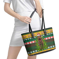 Christmas T Rex In Noel Tree Leather Tote Bag Xmas Holiday Patterns - Wonder Print Shop