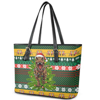 Christmas T Rex In Noel Tree Leather Tote Bag Xmas Holiday Patterns - Wonder Print Shop