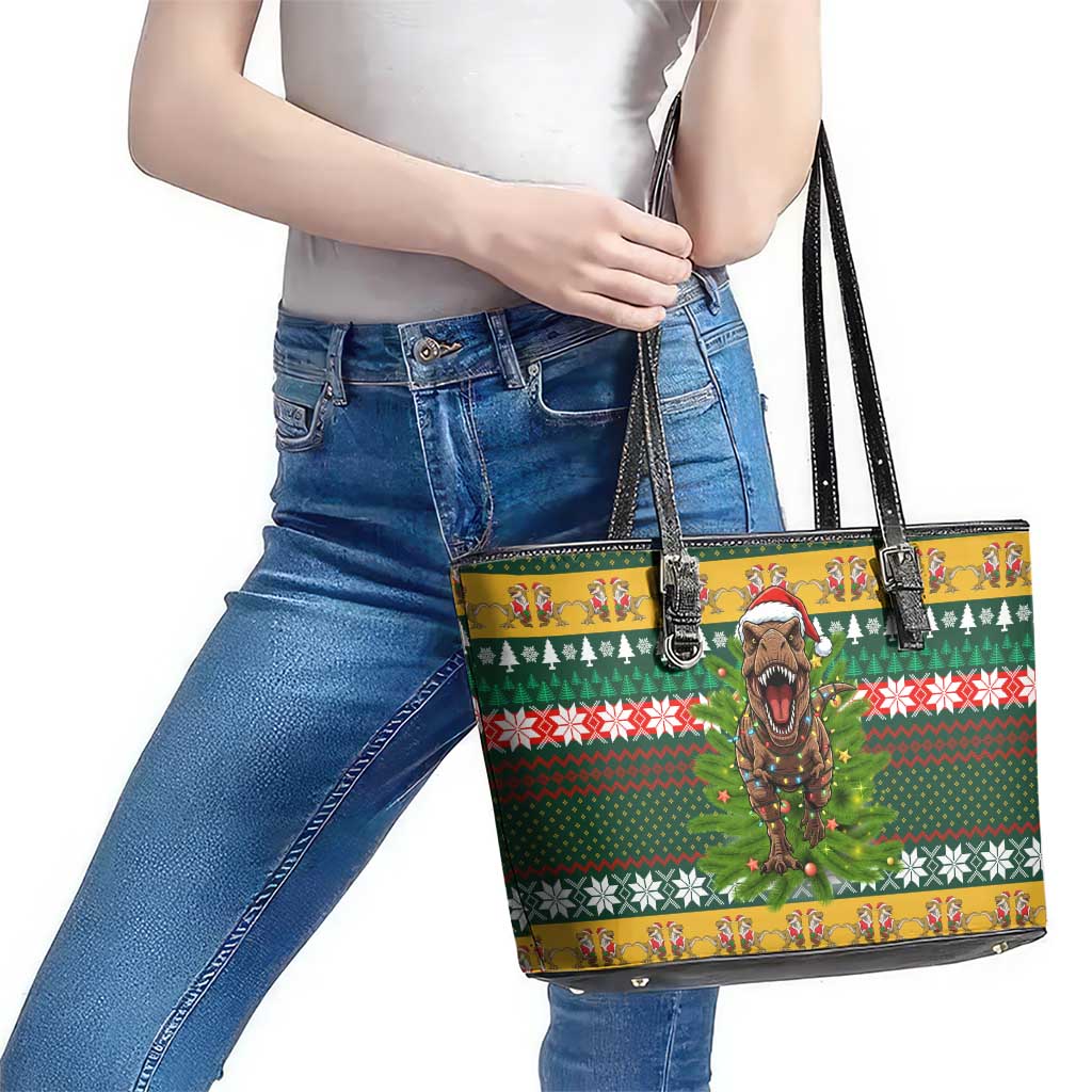 Christmas T Rex In Noel Tree Leather Tote Bag Xmas Holiday Patterns - Wonder Print Shop