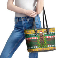 Christmas T Rex In Noel Tree Leather Tote Bag Xmas Holiday Patterns - Wonder Print Shop