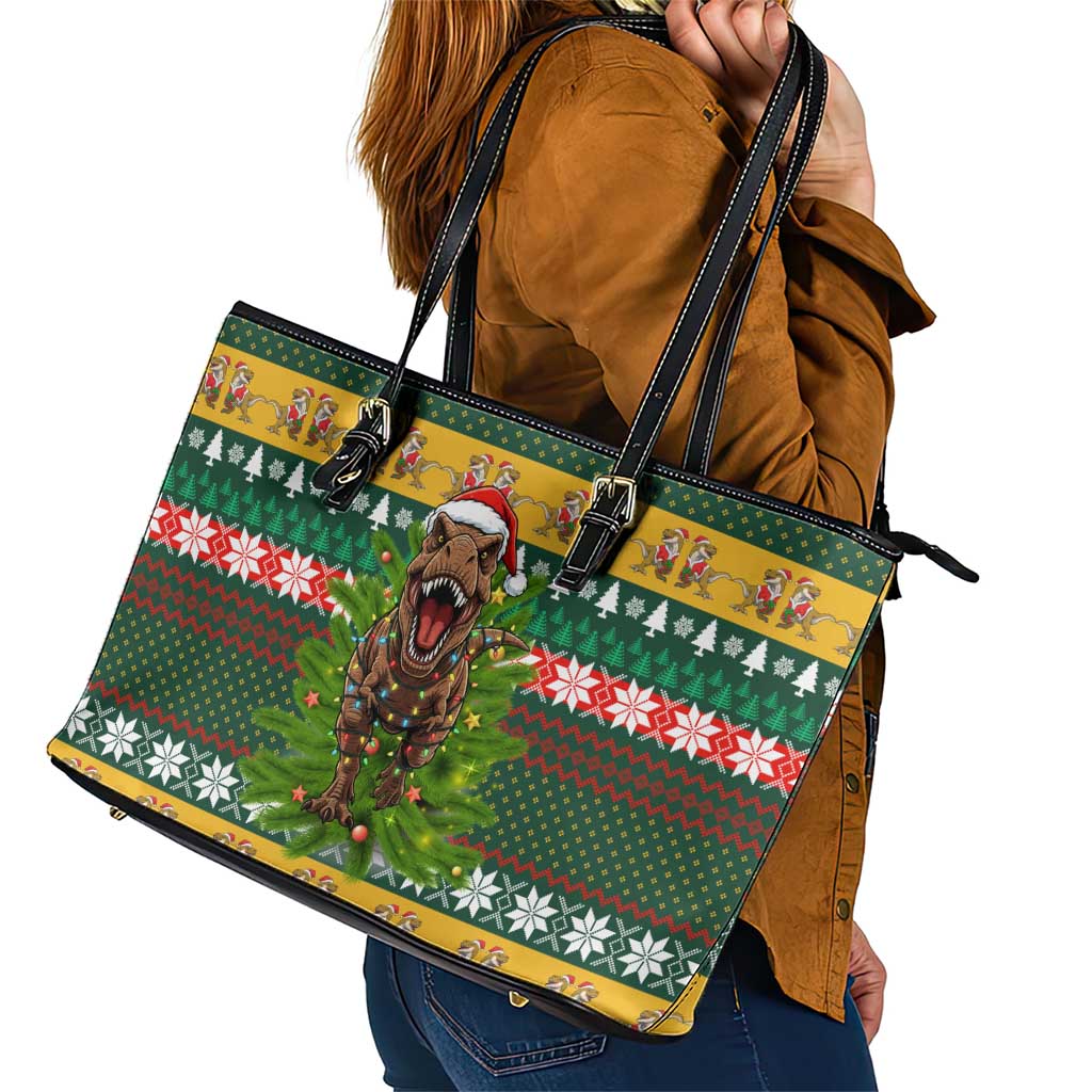 Christmas T Rex In Noel Tree Leather Tote Bag Xmas Holiday Patterns - Wonder Print Shop