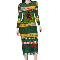 Christmas T Rex In Noel Tree Long Sleeve Bodycon Dress Xmas Holiday Patterns - Wonder Print Shop