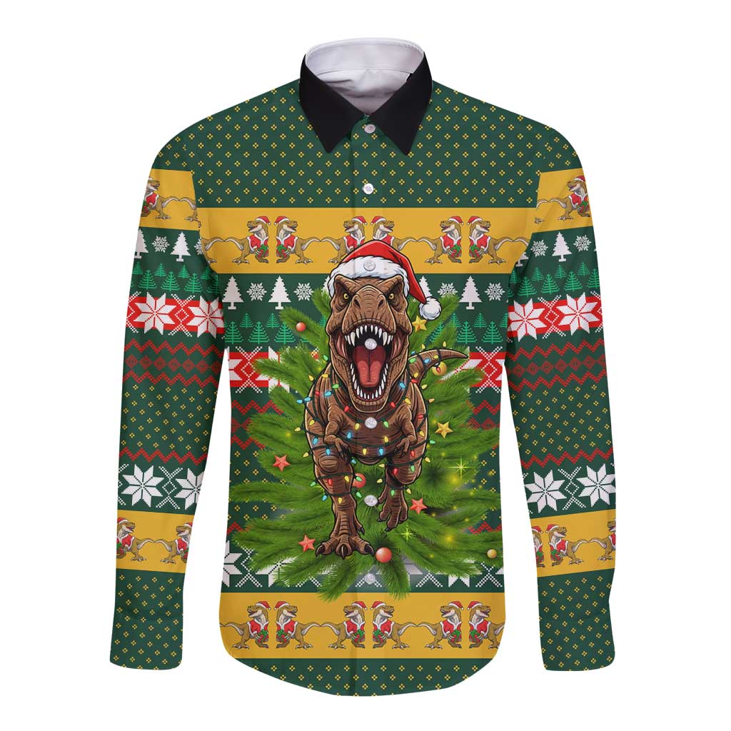 Christmas T Rex In Noel Tree Long Sleeve Button Shirt Xmas Holiday Patterns - Wonder Print Shop