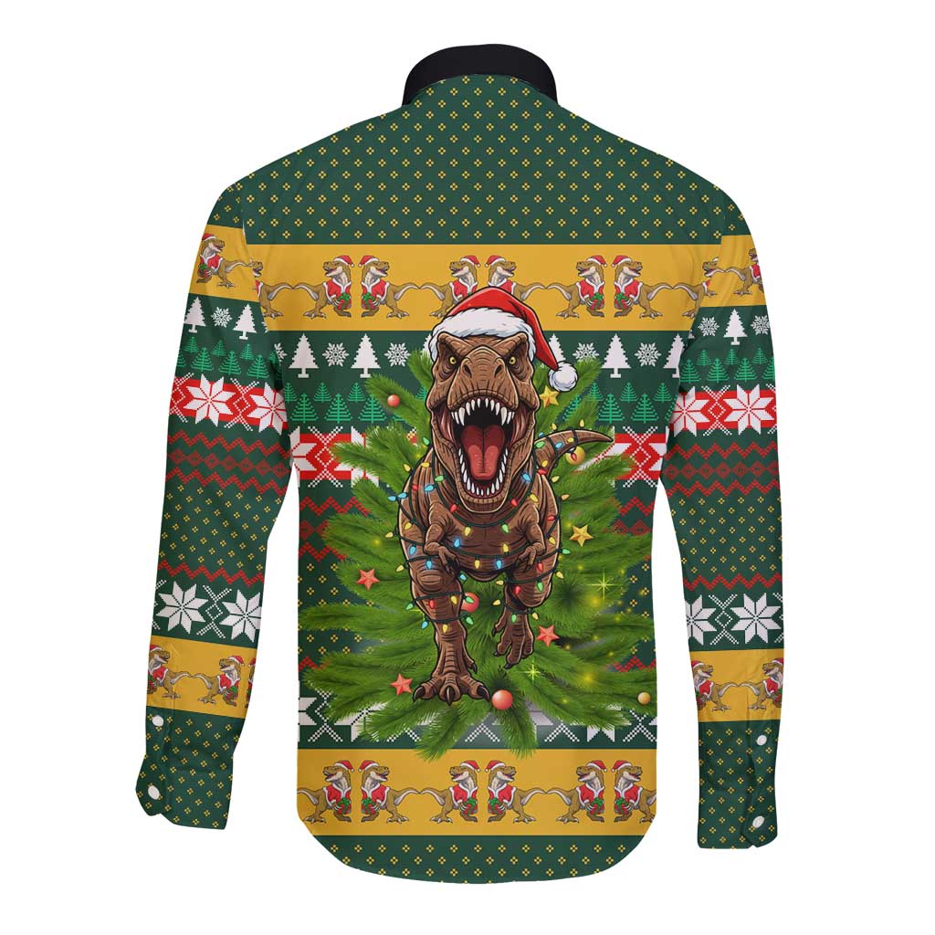 Christmas T Rex In Noel Tree Long Sleeve Button Shirt Xmas Holiday Patterns - Wonder Print Shop