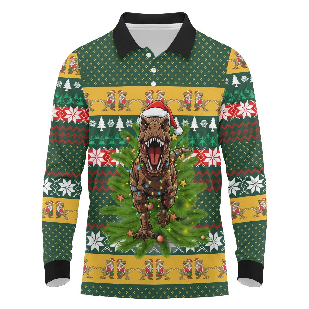 Christmas T Rex In Noel Tree Long Sleeve Polo Shirt Xmas Holiday Patterns - Wonder Print Shop