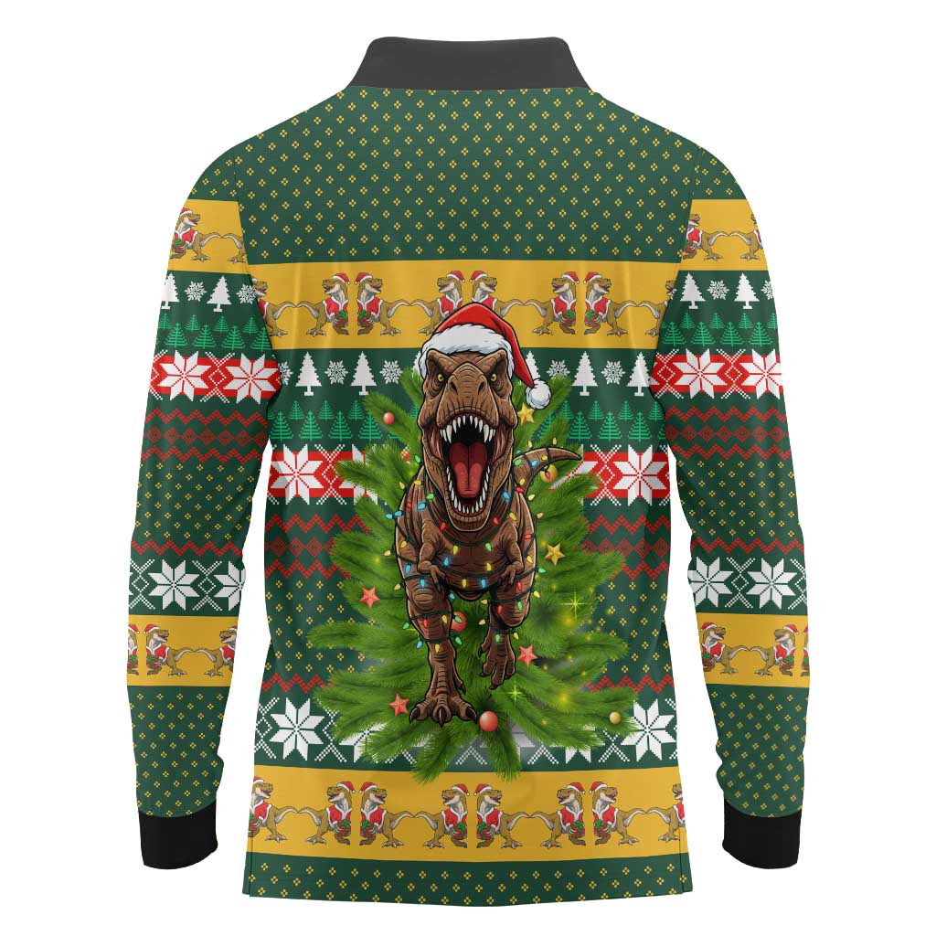 Christmas T Rex In Noel Tree Long Sleeve Polo Shirt Xmas Holiday Patterns - Wonder Print Shop