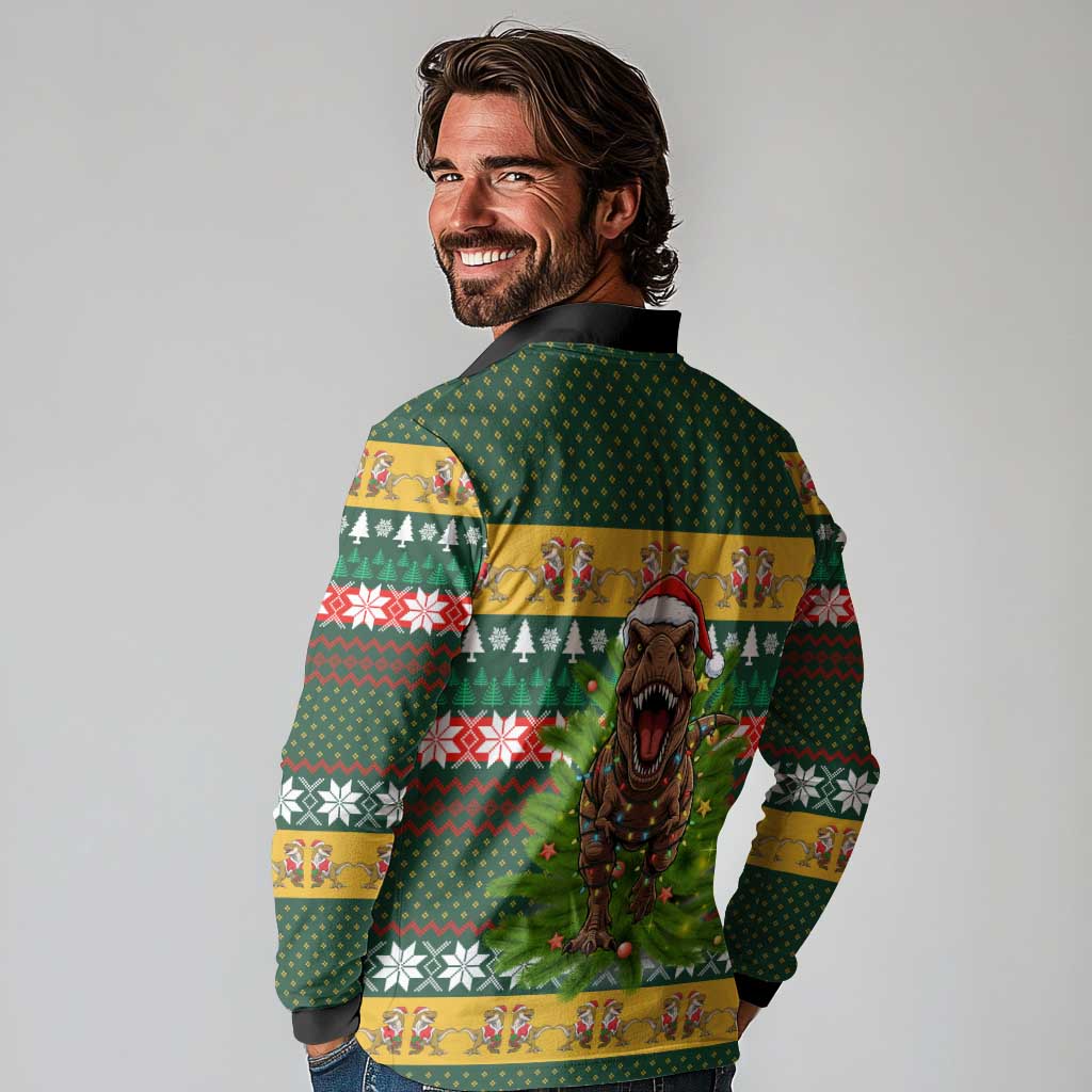 Christmas T Rex In Noel Tree Long Sleeve Polo Shirt Xmas Holiday Patterns - Wonder Print Shop