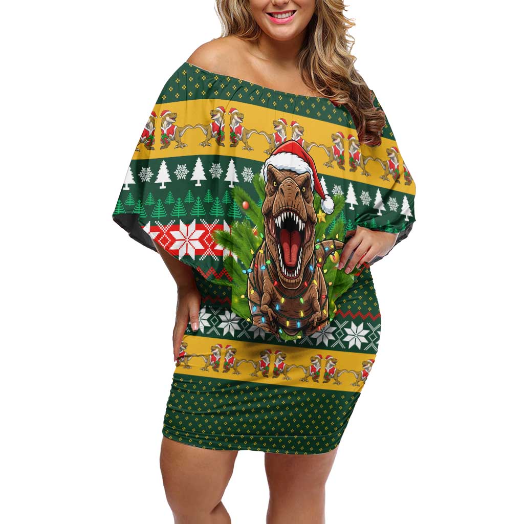 Christmas T Rex In Noel Tree Off Shoulder Short Dress Xmas Holiday Patterns - Wonder Print Shop