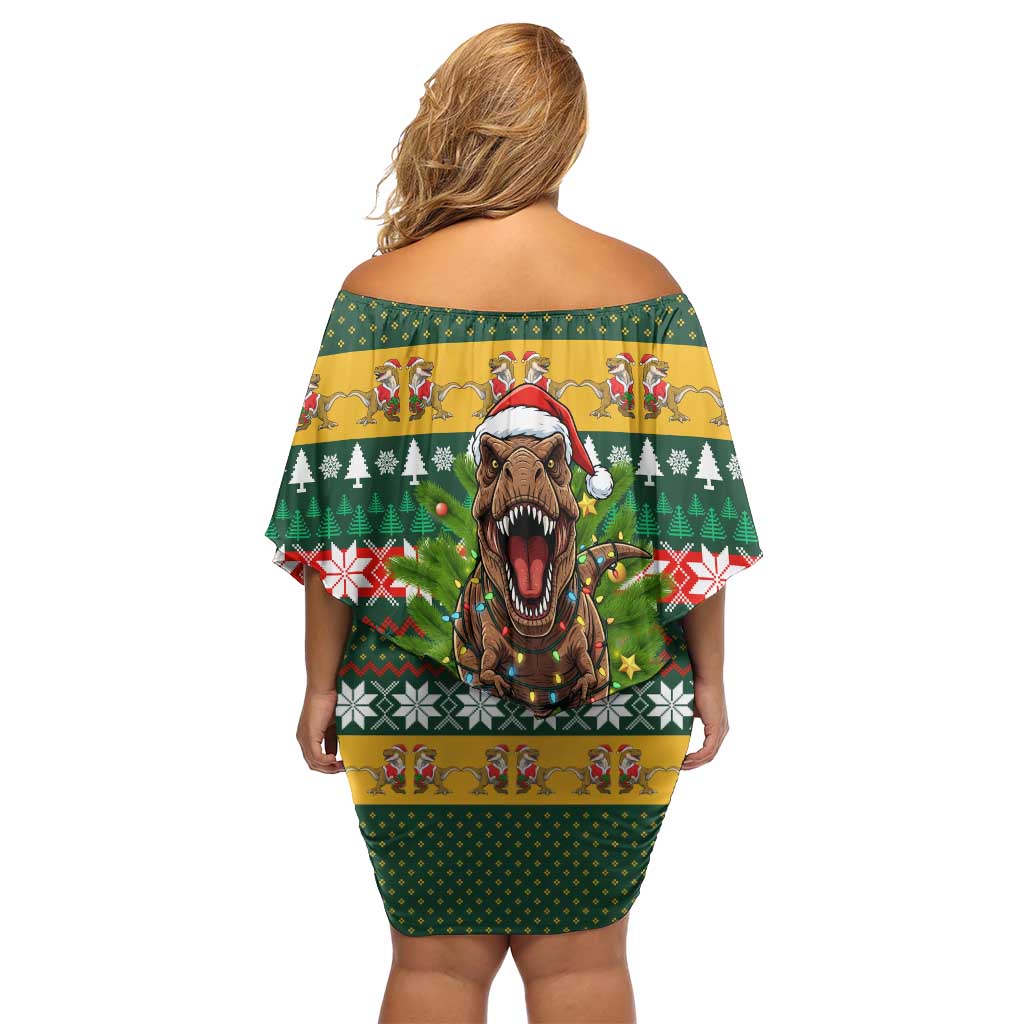 Christmas T Rex In Noel Tree Off Shoulder Short Dress Xmas Holiday Patterns - Wonder Print Shop