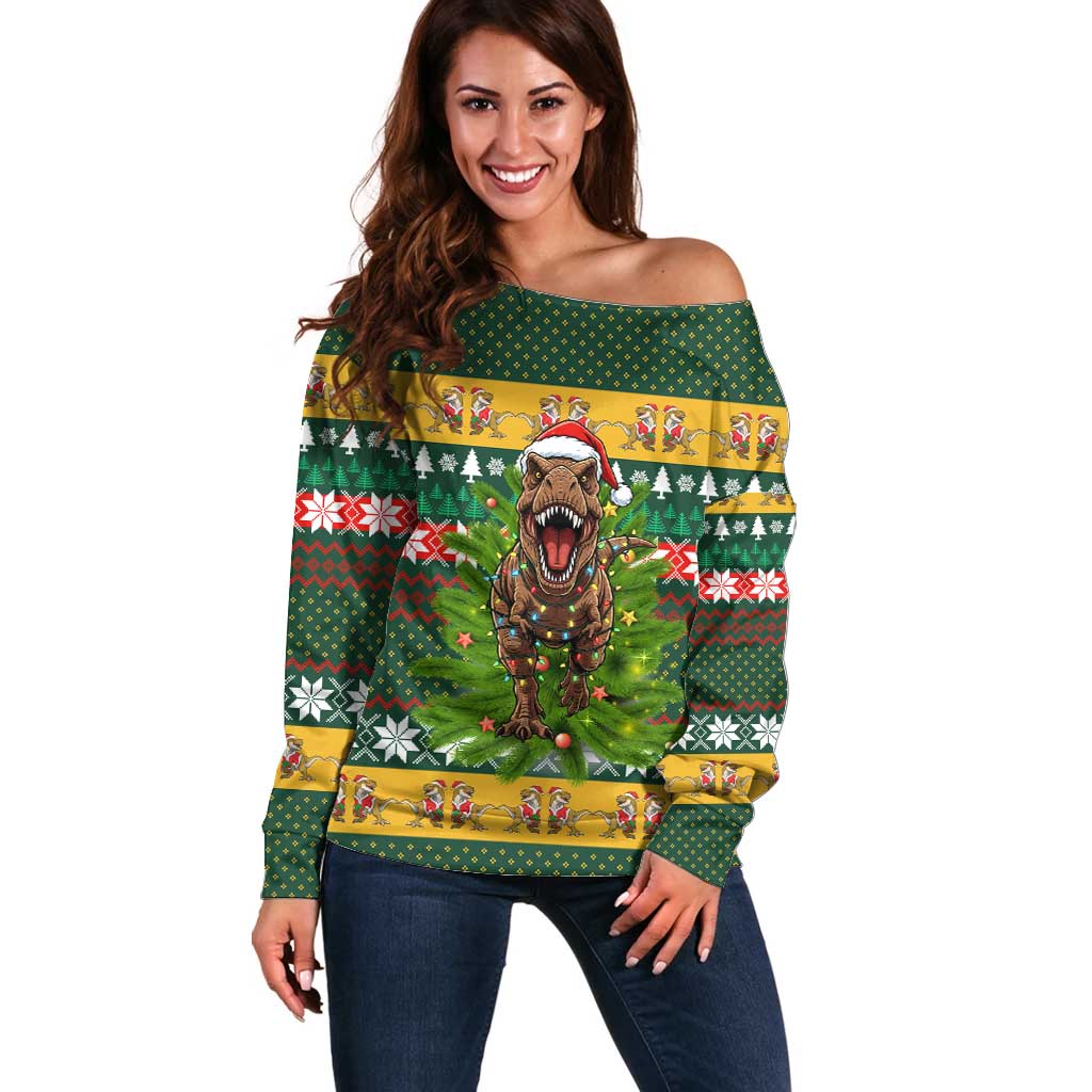 Christmas T Rex In Noel Tree Off Shoulder Sweater Xmas Holiday Patterns - Wonder Print Shop