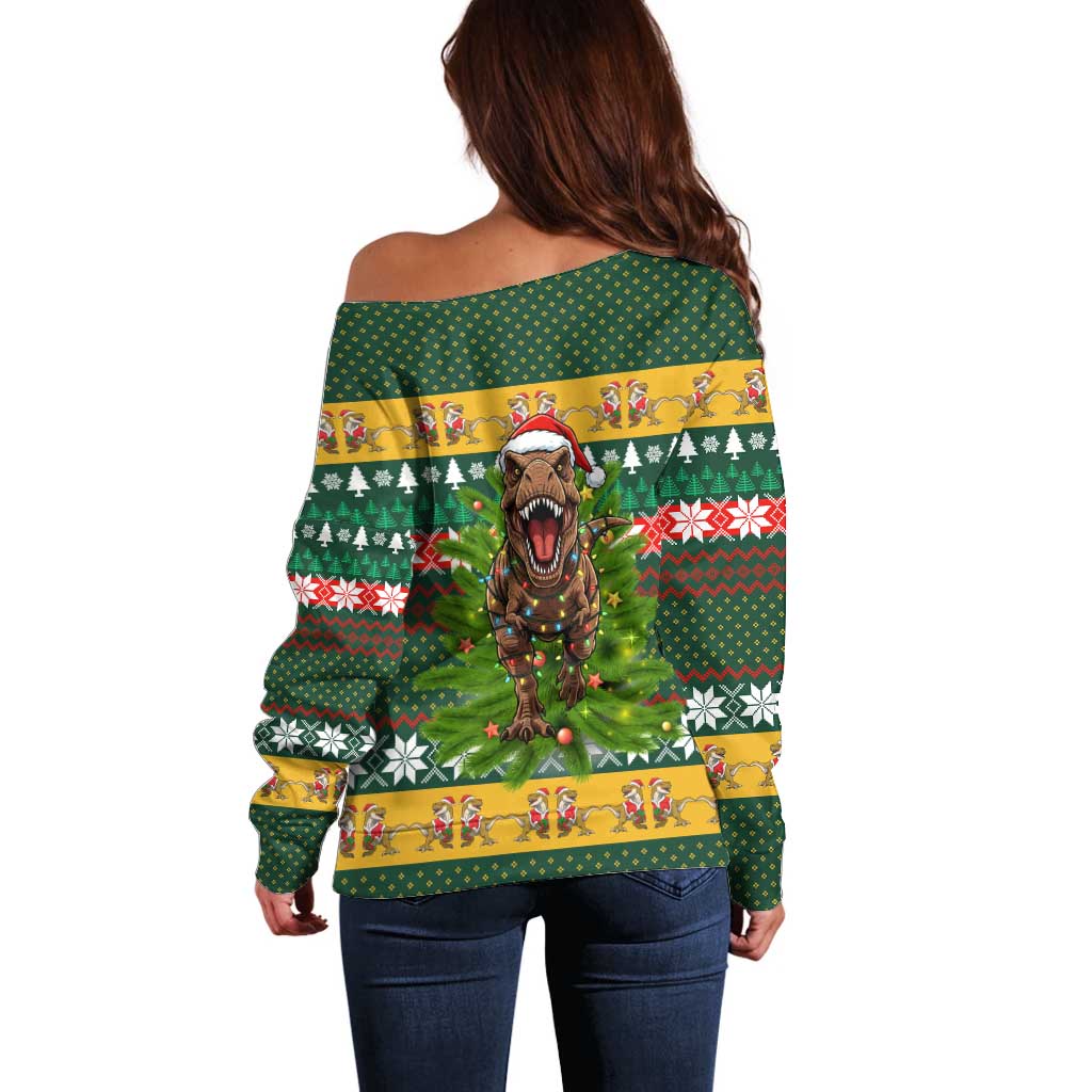 Christmas T Rex In Noel Tree Off Shoulder Sweater Xmas Holiday Patterns - Wonder Print Shop