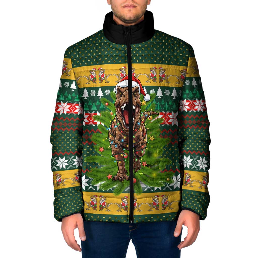 Christmas T Rex In Noel Tree Padded Jacket Xmas Holiday Patterns - Wonder Print Shop