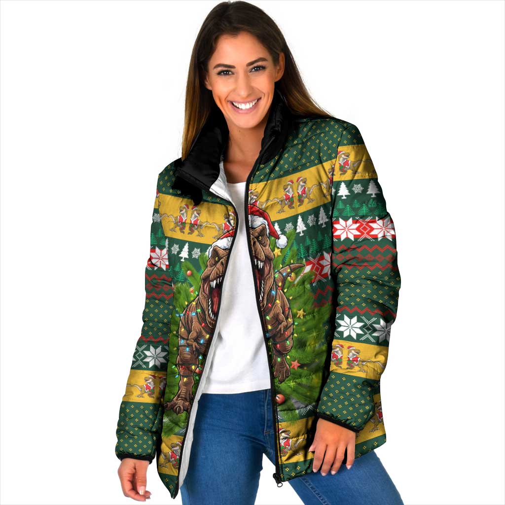 Christmas T Rex In Noel Tree Padded Jacket Xmas Holiday Patterns - Wonder Print Shop