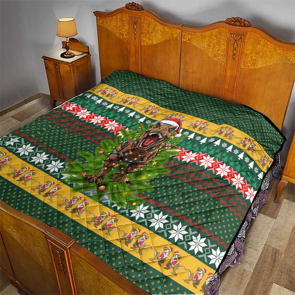 Christmas T Rex In Noel Tree Quilt Xmas Holiday Patterns - Wonder Print Shop