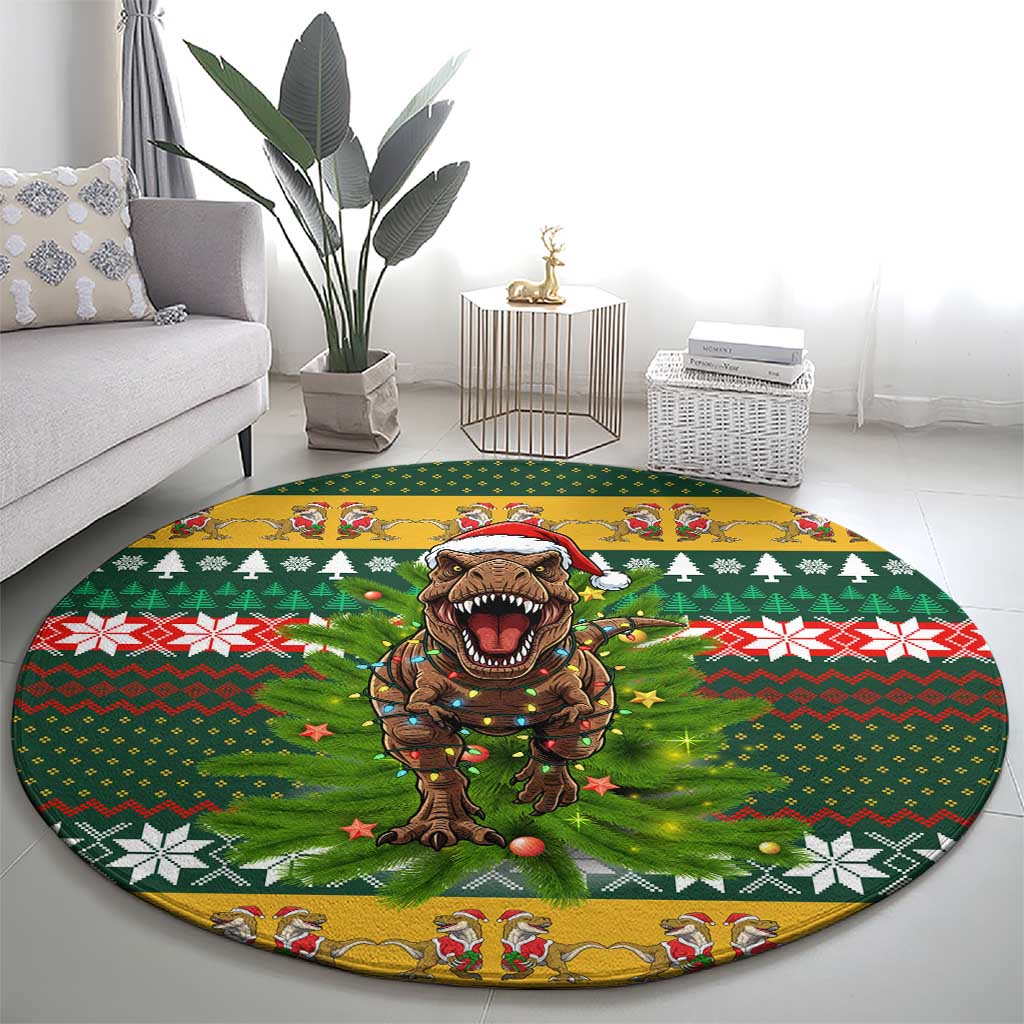 Christmas T Rex In Noel Tree Round Carpet Xmas Holiday Patterns - Wonder Print Shop