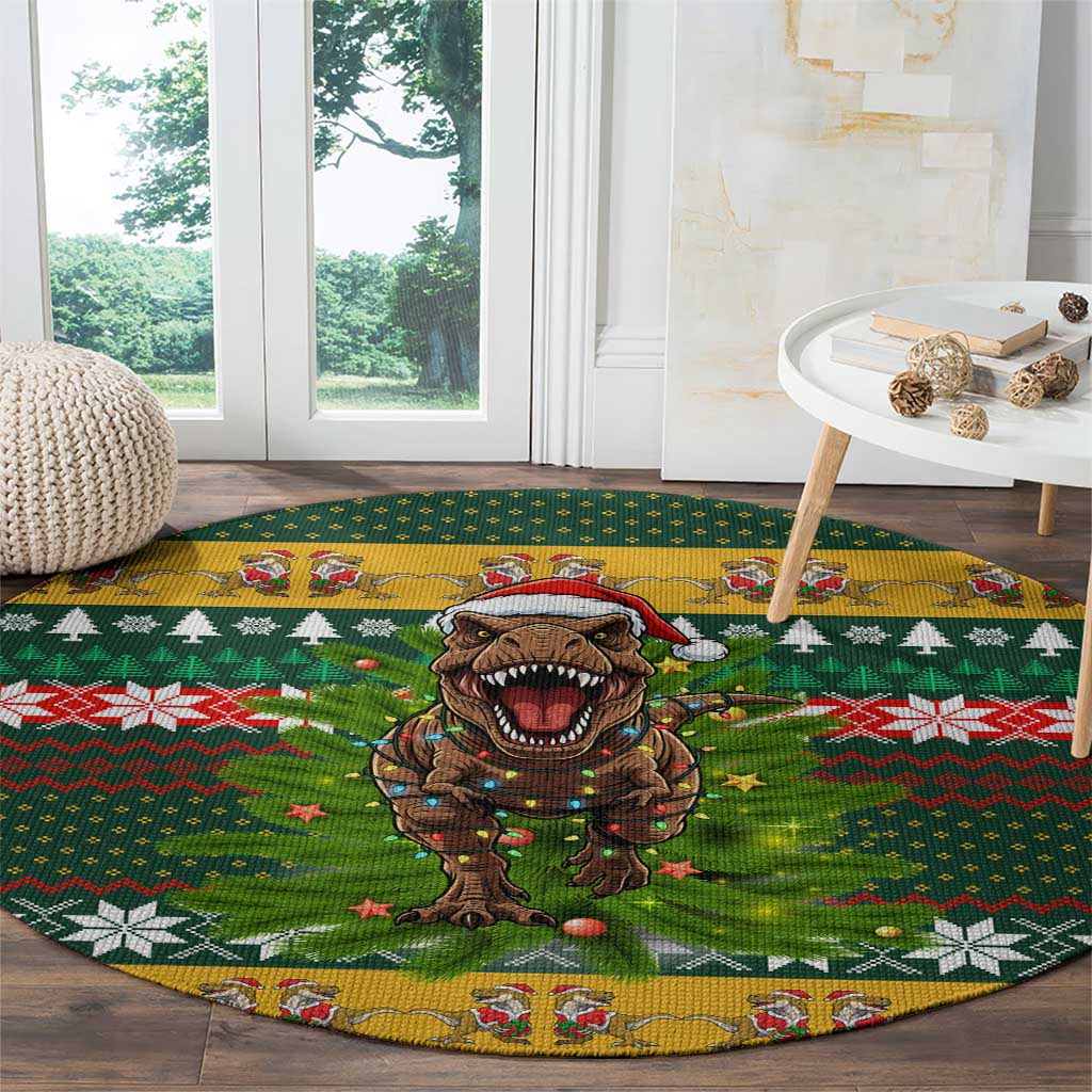 Christmas T Rex In Noel Tree Round Carpet Xmas Holiday Patterns - Wonder Print Shop