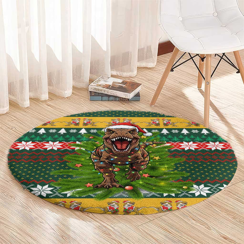 Christmas T Rex In Noel Tree Round Carpet Xmas Holiday Patterns - Wonder Print Shop