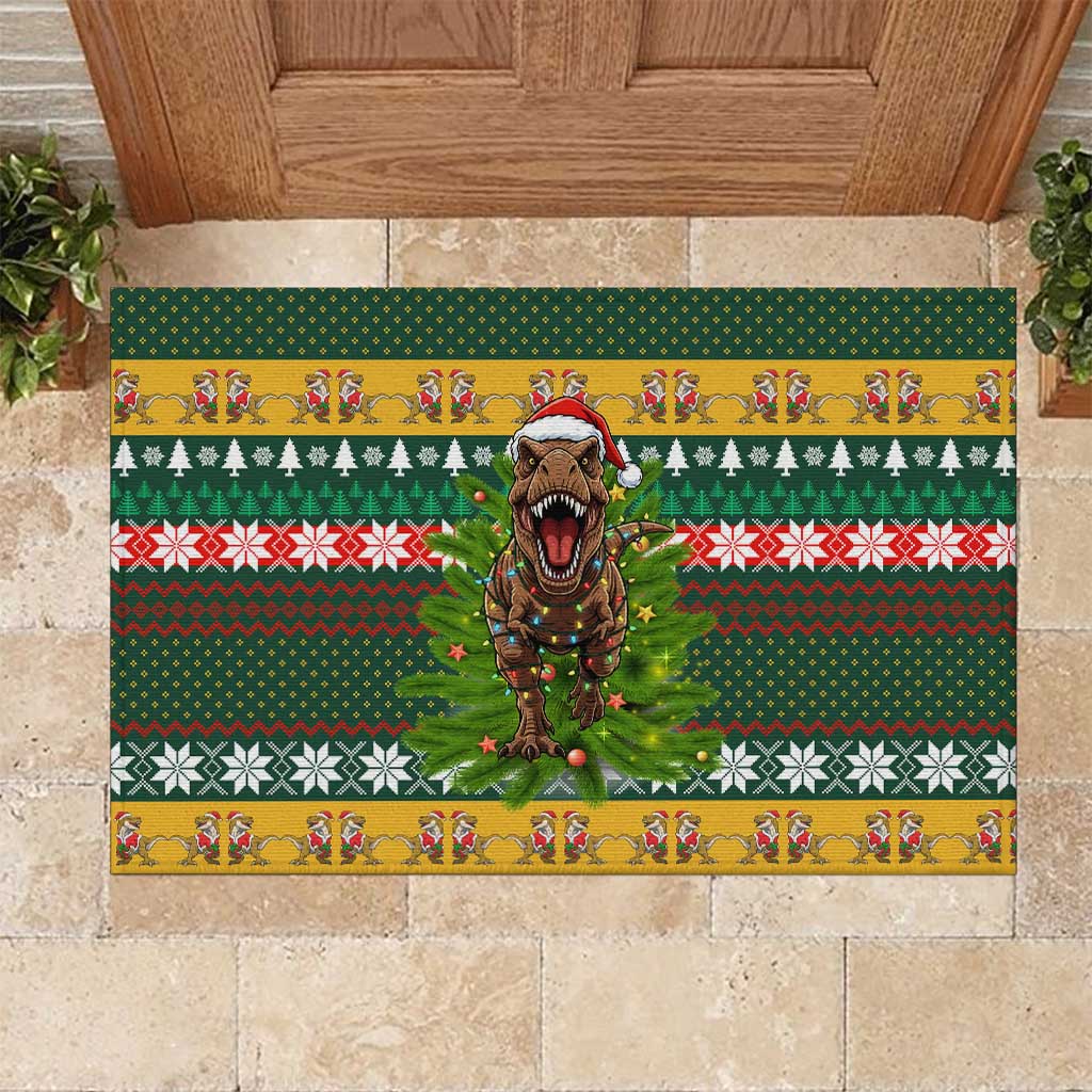 Christmas T Rex In Noel Tree Rubber Doormat Xmas Holiday Patterns - Wonder Print Shop