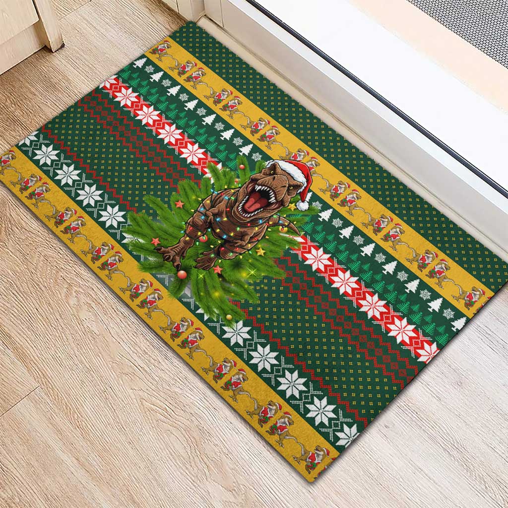 Christmas T Rex In Noel Tree Rubber Doormat Xmas Holiday Patterns - Wonder Print Shop