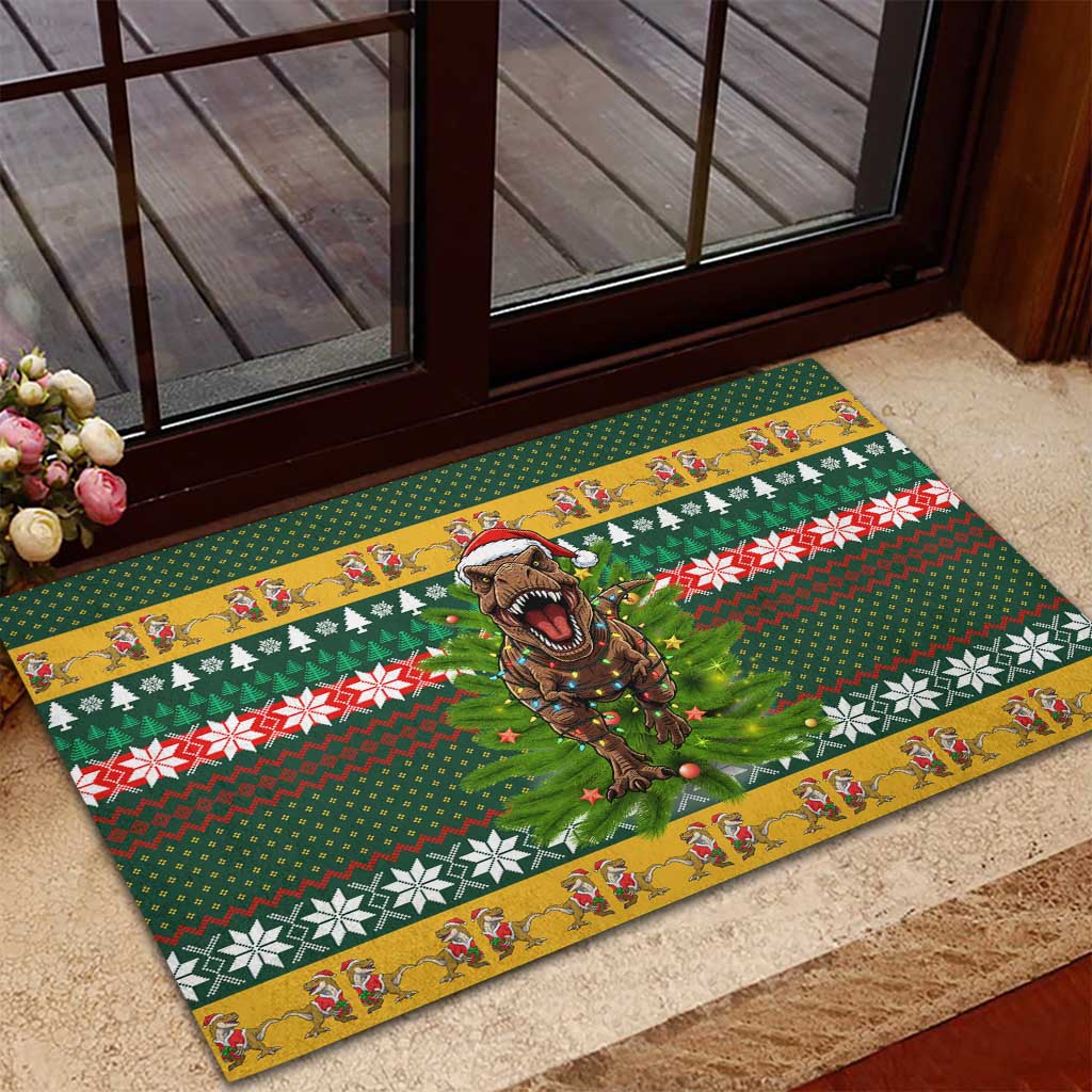 Christmas T Rex In Noel Tree Rubber Doormat Xmas Holiday Patterns - Wonder Print Shop