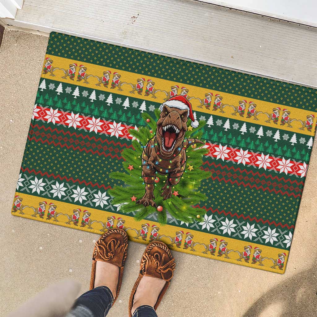Christmas T Rex In Noel Tree Rubber Doormat Xmas Holiday Patterns - Wonder Print Shop