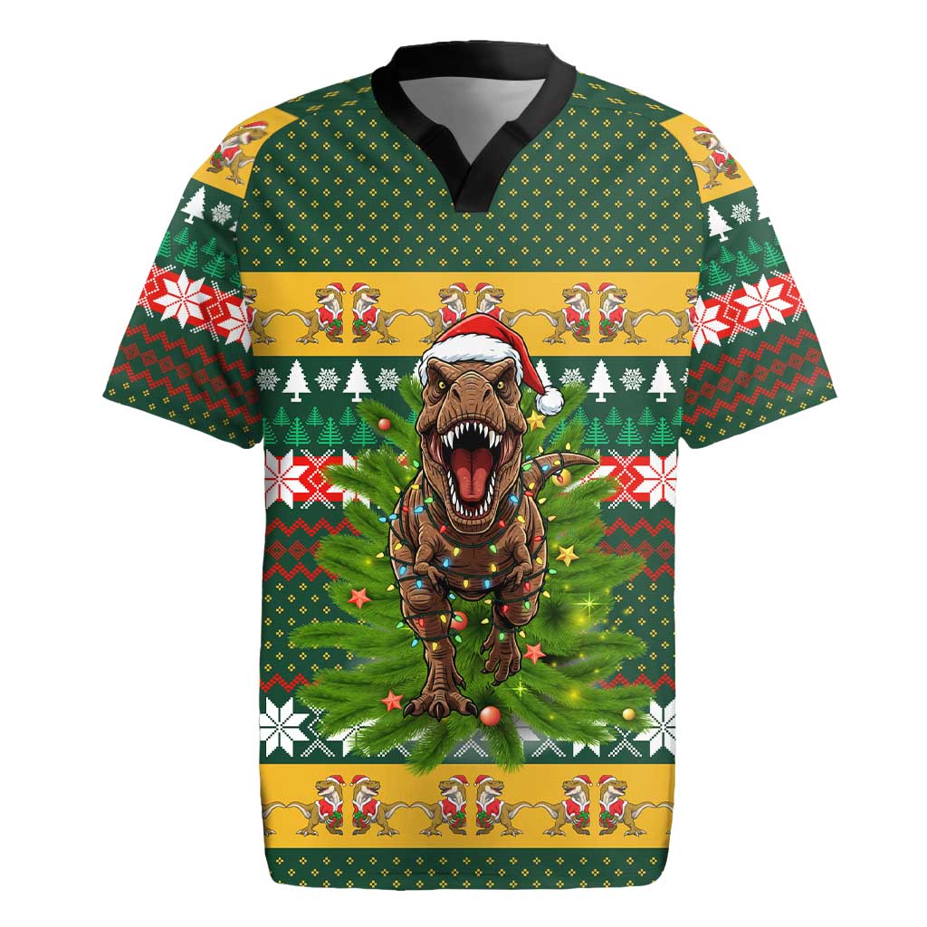Christmas T Rex In Noel Tree Rugby Jersey Xmas Holiday Patterns - Wonder Print Shop