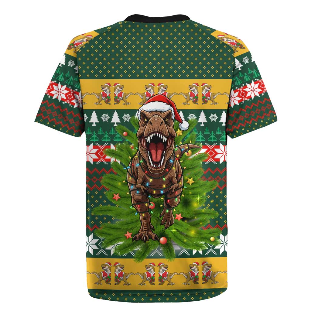 Christmas T Rex In Noel Tree Rugby Jersey Xmas Holiday Patterns - Wonder Print Shop