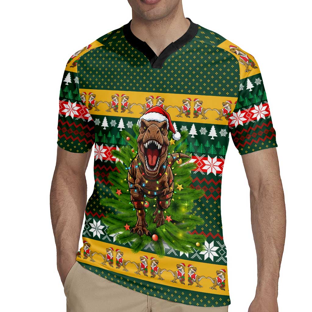 Christmas T Rex In Noel Tree Rugby Jersey Xmas Holiday Patterns - Wonder Print Shop