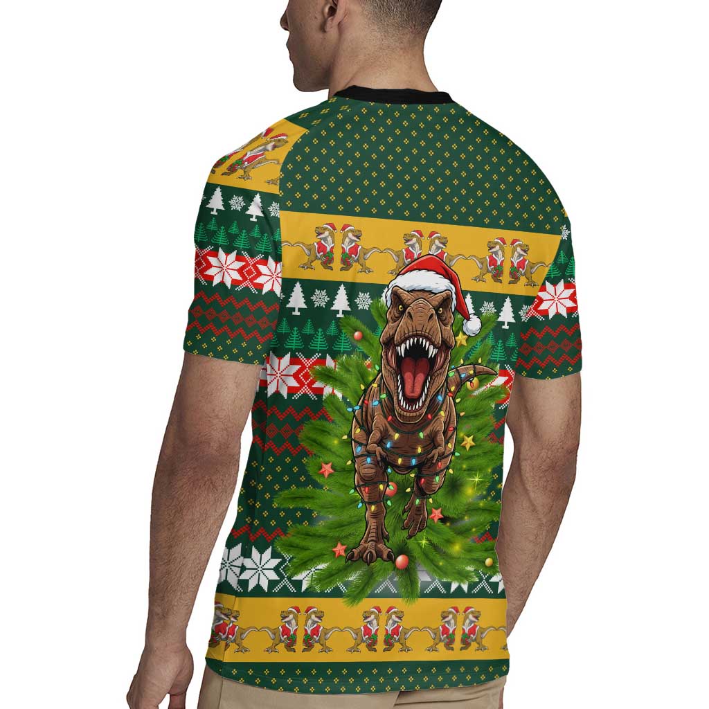 Christmas T Rex In Noel Tree Rugby Jersey Xmas Holiday Patterns - Wonder Print Shop