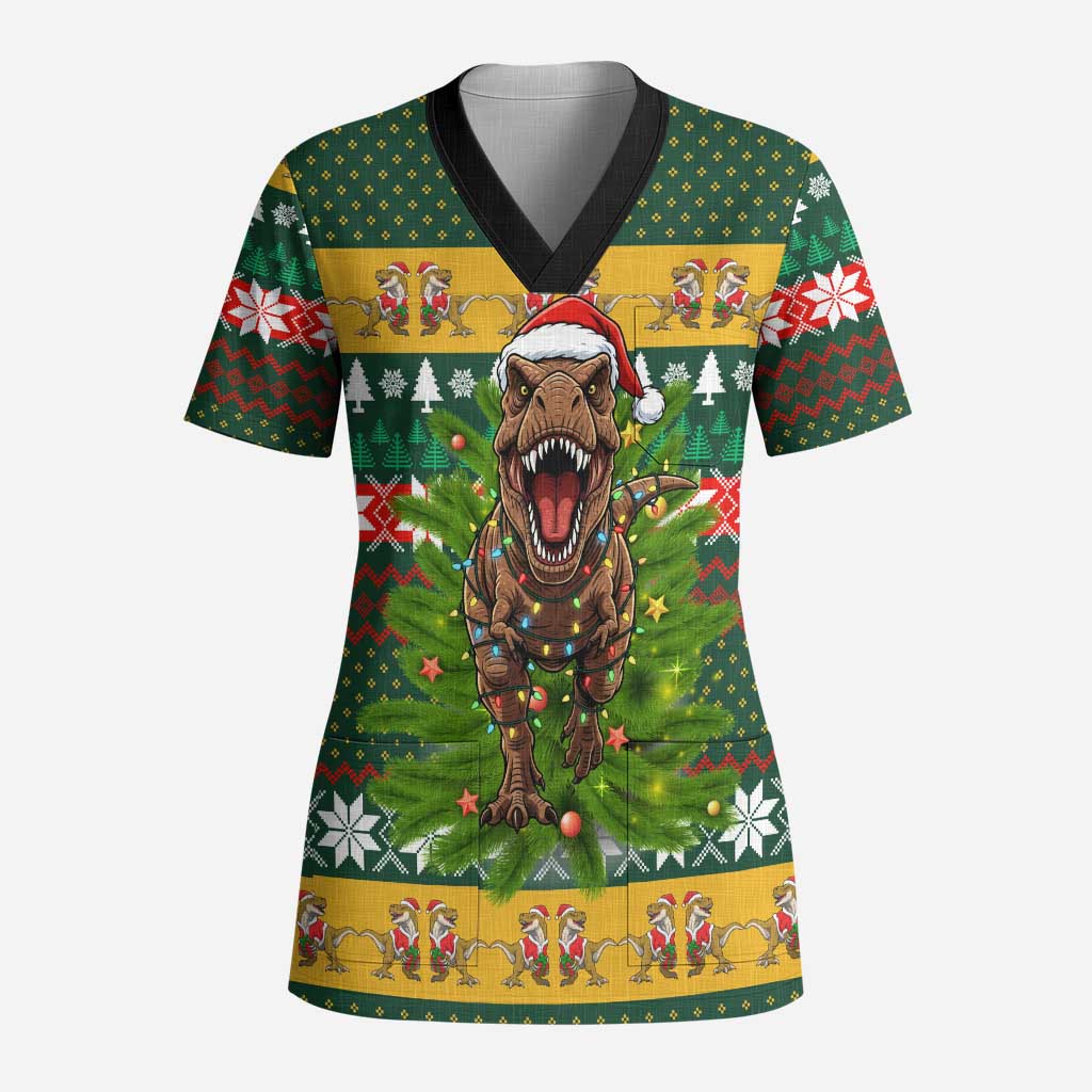 Christmas T Rex In Noel Tree Scrub Top Xmas Holiday Patterns - Wonder Print Shop