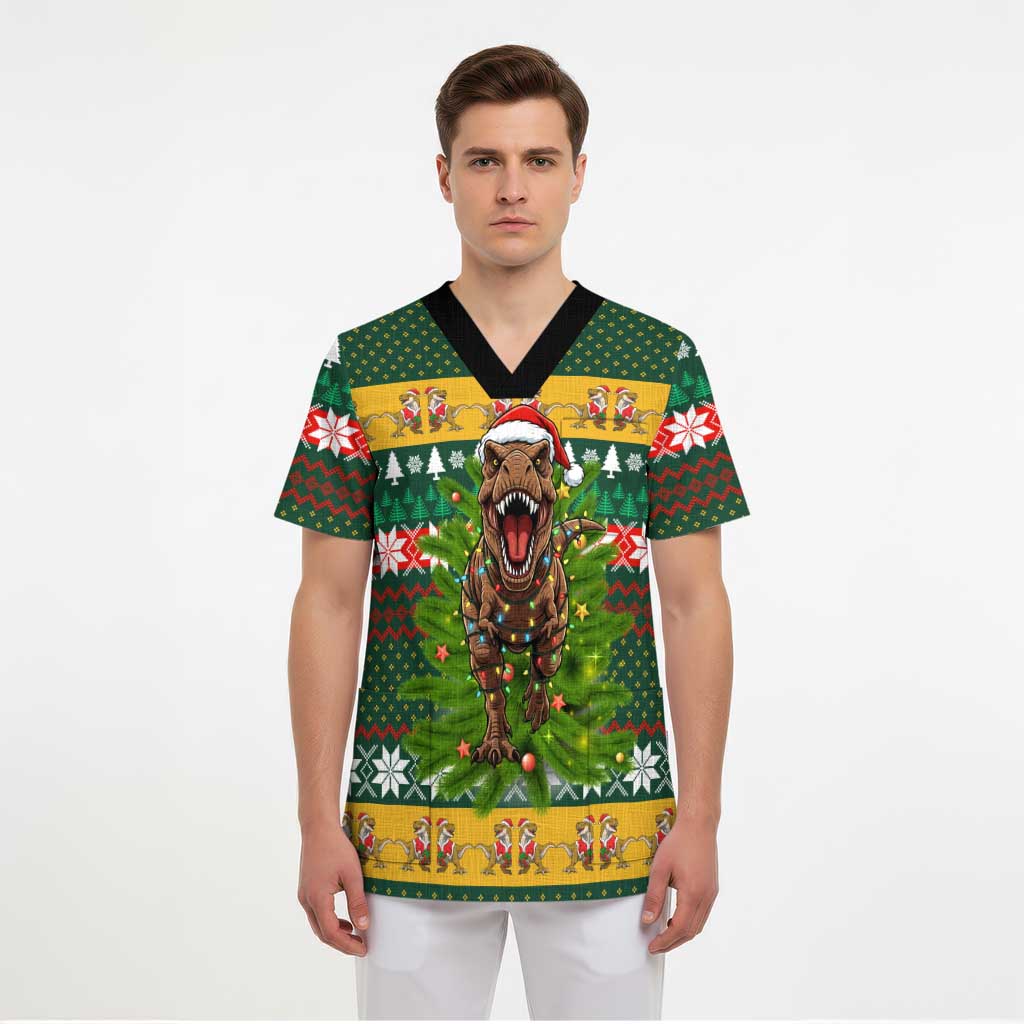 Christmas T Rex In Noel Tree Scrub Top Xmas Holiday Patterns - Wonder Print Shop