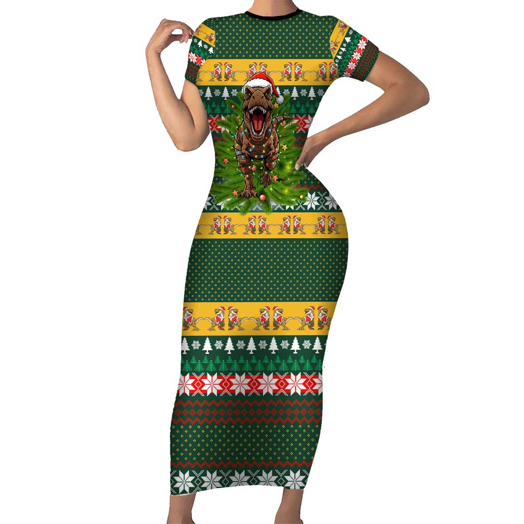 Christmas T Rex In Noel Tree Short Sleeve Bodycon Dress Xmas Holiday Patterns - Wonder Print Shop