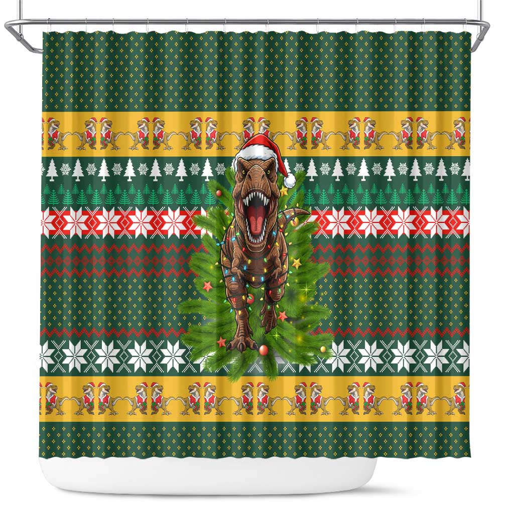 Christmas T Rex In Noel Tree Shower Curtain Xmas Holiday Patterns - Wonder Print Shop