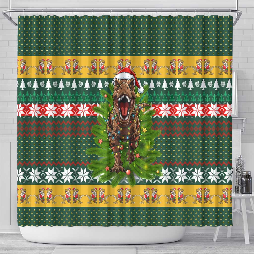 Christmas T Rex In Noel Tree Shower Curtain Xmas Holiday Patterns - Wonder Print Shop