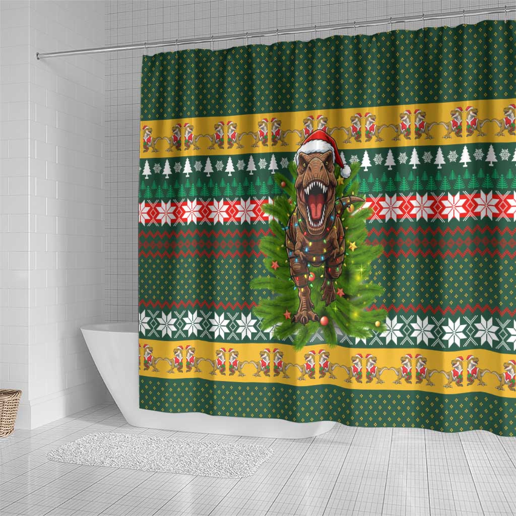 Christmas T Rex In Noel Tree Shower Curtain Xmas Holiday Patterns - Wonder Print Shop