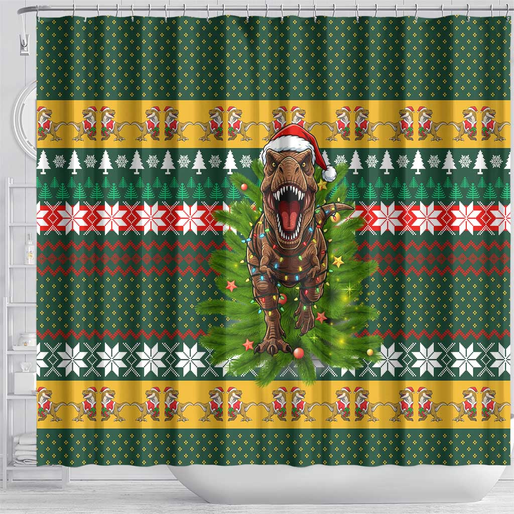 Christmas T Rex In Noel Tree Shower Curtain Xmas Holiday Patterns - Wonder Print Shop