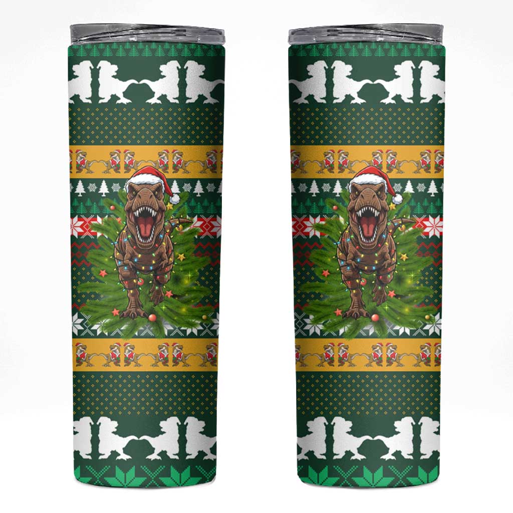 Christmas T Rex In Noel Tree Skinny Tumbler Xmas Holiday Patterns - Wonder Print Shop